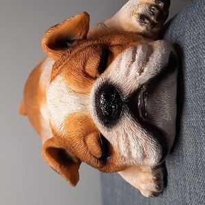 Sleeping Bulldog Puppy Statue Shelf Sitter Painted Resin Silly Dog Fun Bookcase